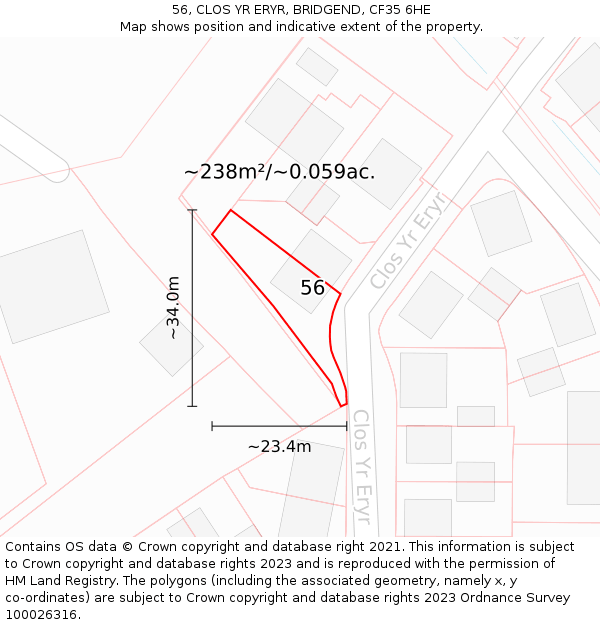 56, CLOS YR ERYR, BRIDGEND, CF35 6HE: Plot and title map
