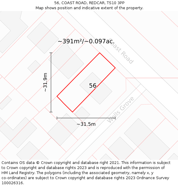 56, COAST ROAD, REDCAR, TS10 3PP: Plot and title map