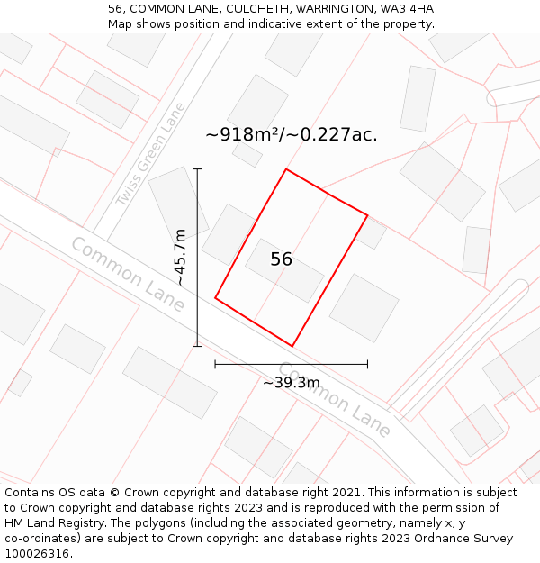 56, COMMON LANE, CULCHETH, WARRINGTON, WA3 4HA: Plot and title map