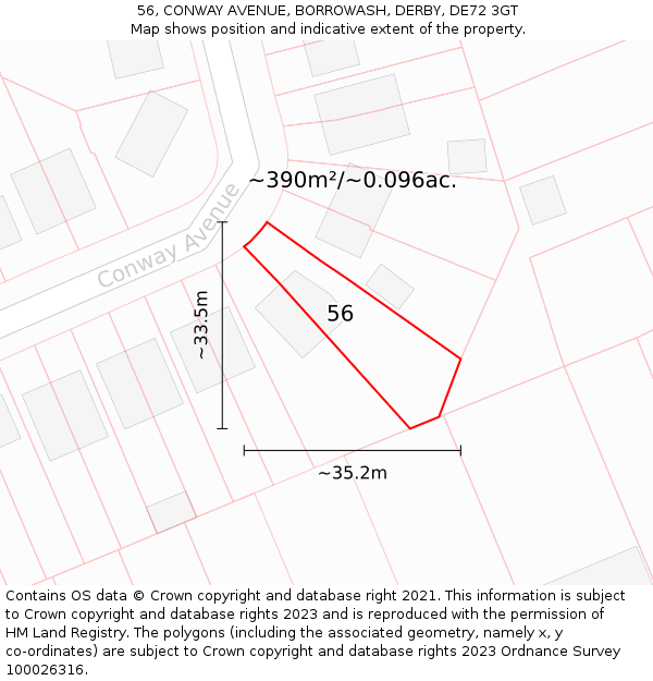 56, CONWAY AVENUE, BORROWASH, DERBY, DE72 3GT: Plot and title map
