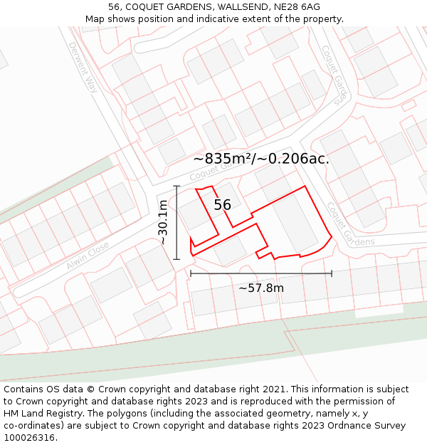 56, COQUET GARDENS, WALLSEND, NE28 6AG: Plot and title map