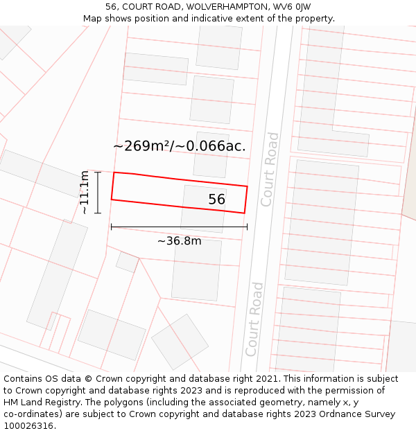 56, COURT ROAD, WOLVERHAMPTON, WV6 0JW: Plot and title map