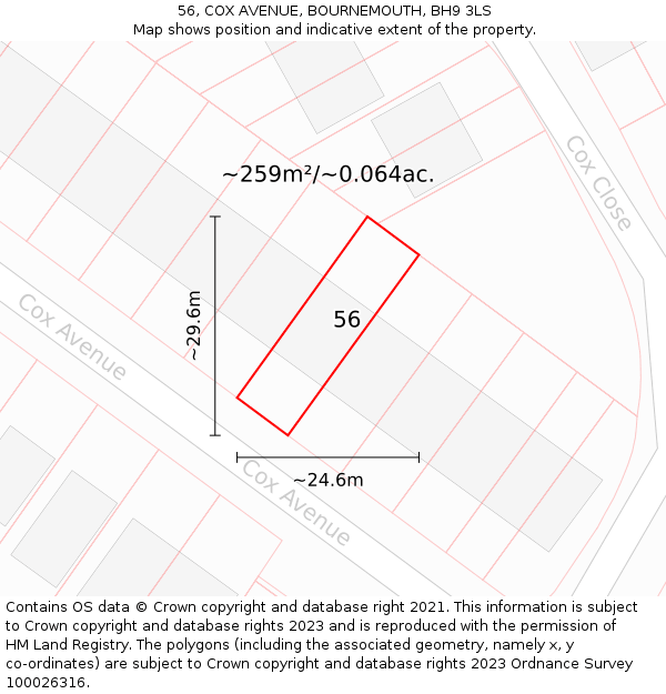 56, COX AVENUE, BOURNEMOUTH, BH9 3LS: Plot and title map