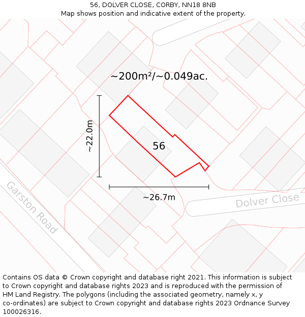 56, DOLVER CLOSE, CORBY, NN18 8NB: Plot and title map