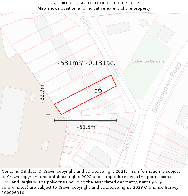56, DRIFFOLD, SUTTON COLDFIELD, B73 6HP: Plot and title map