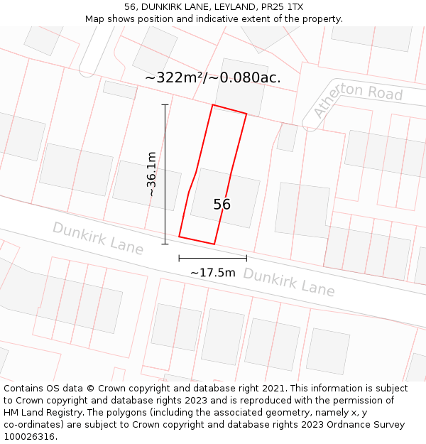 56, DUNKIRK LANE, LEYLAND, PR25 1TX: Plot and title map