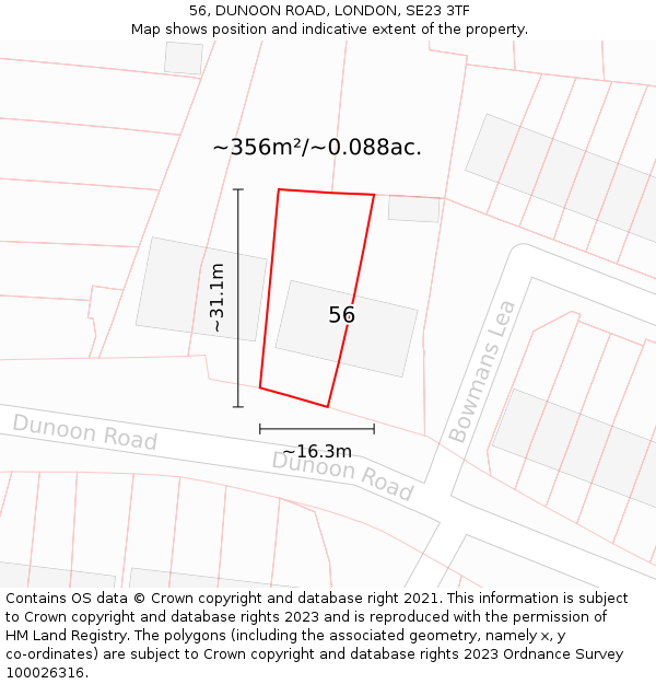 56, DUNOON ROAD, LONDON, SE23 3TF: Plot and title map