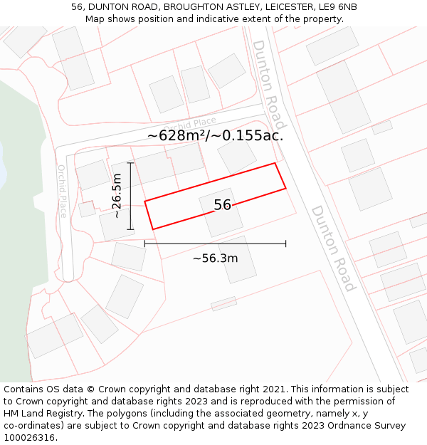 56, DUNTON ROAD, BROUGHTON ASTLEY, LEICESTER, LE9 6NB: Plot and title map