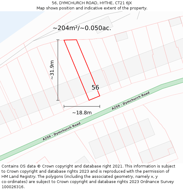 56, DYMCHURCH ROAD, HYTHE, CT21 6JX: Plot and title map
