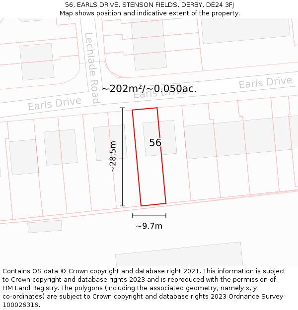 56, EARLS DRIVE, STENSON FIELDS, DERBY, DE24 3FJ: Plot and title map