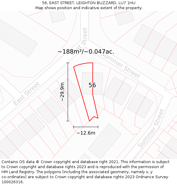 56, EAST STREET, LEIGHTON BUZZARD, LU7 1HU: Plot and title map