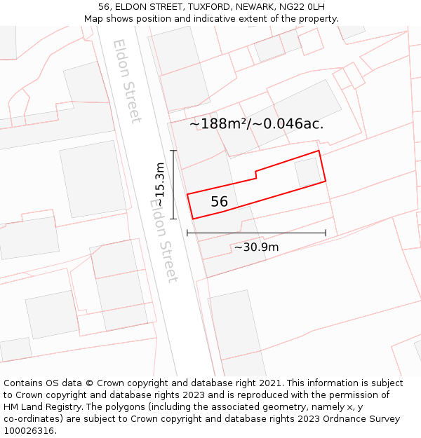56, ELDON STREET, TUXFORD, NEWARK, NG22 0LH: Plot and title map