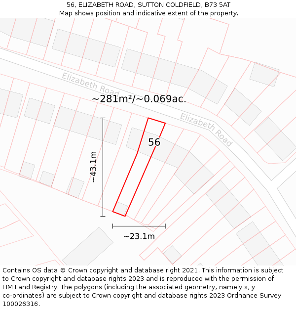 56, ELIZABETH ROAD, SUTTON COLDFIELD, B73 5AT: Plot and title map