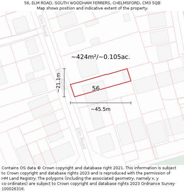 56, ELM ROAD, SOUTH WOODHAM FERRERS, CHELMSFORD, CM3 5QB: Plot and title map