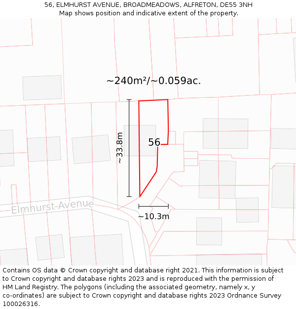 56, ELMHURST AVENUE, BROADMEADOWS, ALFRETON, DE55 3NH: Plot and title map