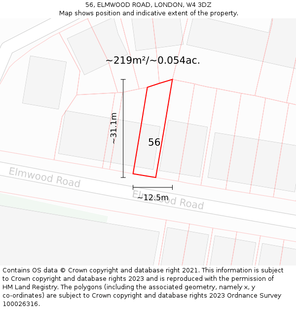 56, ELMWOOD ROAD, LONDON, W4 3DZ: Plot and title map