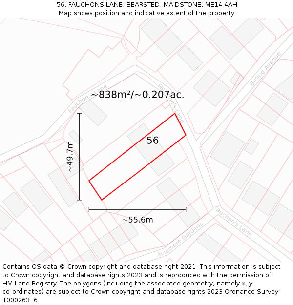 56, FAUCHONS LANE, BEARSTED, MAIDSTONE, ME14 4AH: Plot and title map