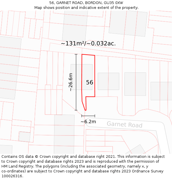 56, GARNET ROAD, BORDON, GU35 0XW: Plot and title map