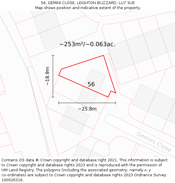 56, GEMINI CLOSE, LEIGHTON BUZZARD, LU7 3UE: Plot and title map