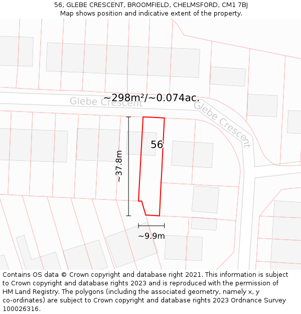 56, GLEBE CRESCENT, BROOMFIELD, CHELMSFORD, CM1 7BJ: Plot and title map