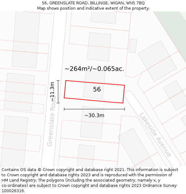56, GREENSLATE ROAD, BILLINGE, WIGAN, WN5 7BQ: Plot and title map