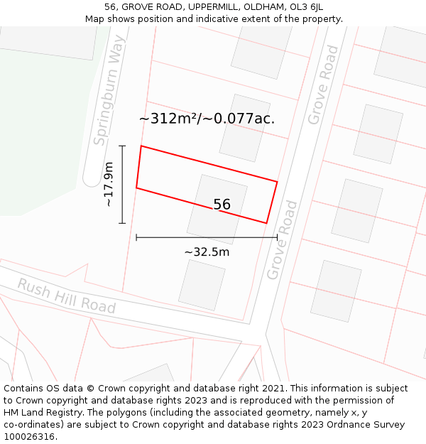 56, GROVE ROAD, UPPERMILL, OLDHAM, OL3 6JL: Plot and title map
