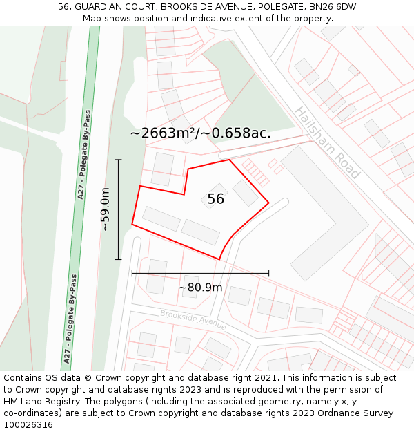 56, GUARDIAN COURT, BROOKSIDE AVENUE, POLEGATE, BN26 6DW: Plot and title map