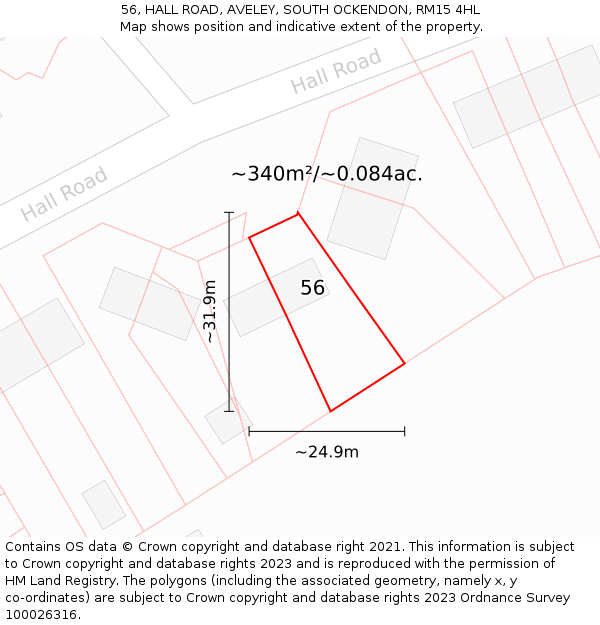 56, HALL ROAD, AVELEY, SOUTH OCKENDON, RM15 4HL: Plot and title map