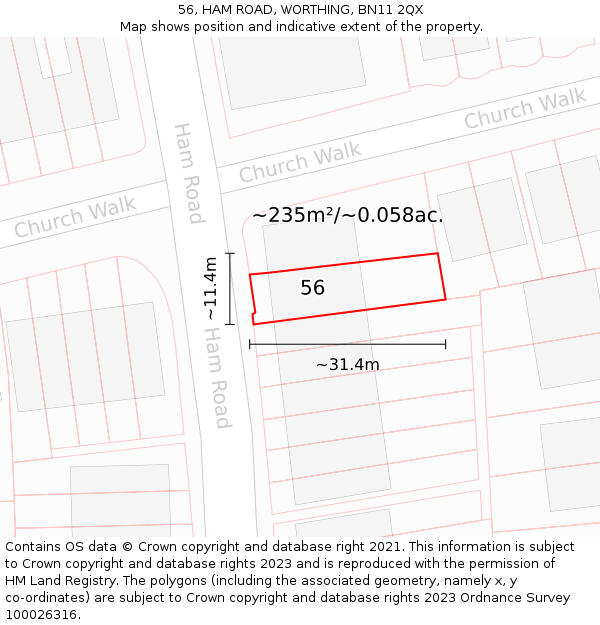 56, HAM ROAD, WORTHING, BN11 2QX: Plot and title map