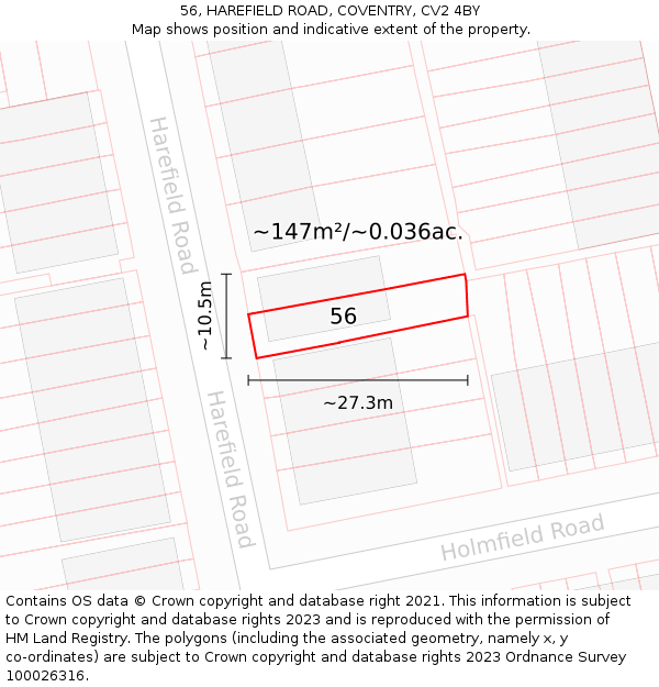 56, HAREFIELD ROAD, COVENTRY, CV2 4BY: Plot and title map