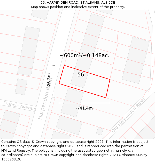 56, HARPENDEN ROAD, ST ALBANS, AL3 6DE: Plot and title map