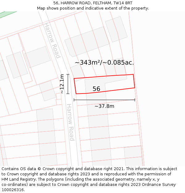 56, HARROW ROAD, FELTHAM, TW14 8RT: Plot and title map