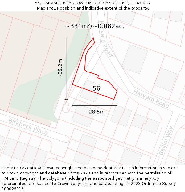 56, HARVARD ROAD, OWLSMOOR, SANDHURST, GU47 0UY: Plot and title map