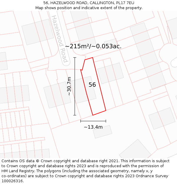 56, HAZELWOOD ROAD, CALLINGTON, PL17 7EU: Plot and title map