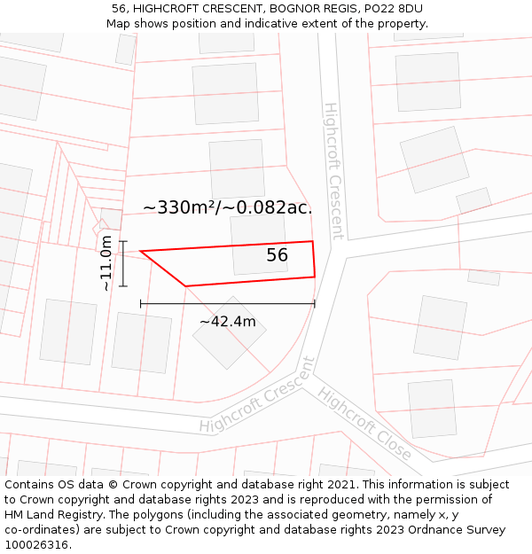 56, HIGHCROFT CRESCENT, BOGNOR REGIS, PO22 8DU: Plot and title map