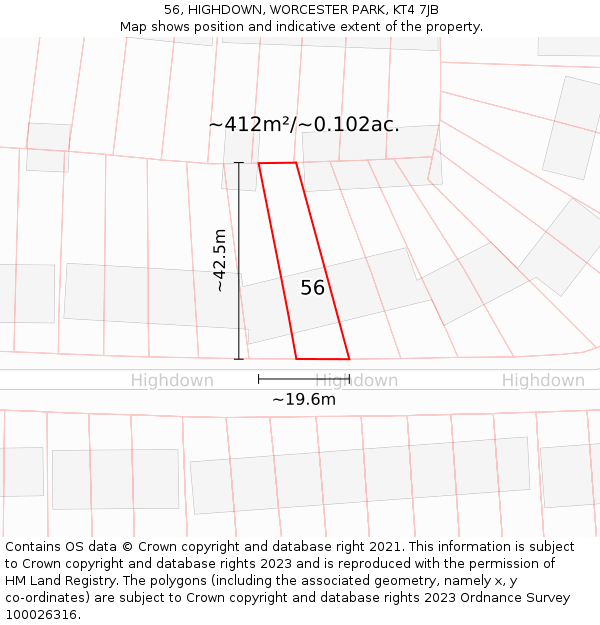 56, HIGHDOWN, WORCESTER PARK, KT4 7JB: Plot and title map