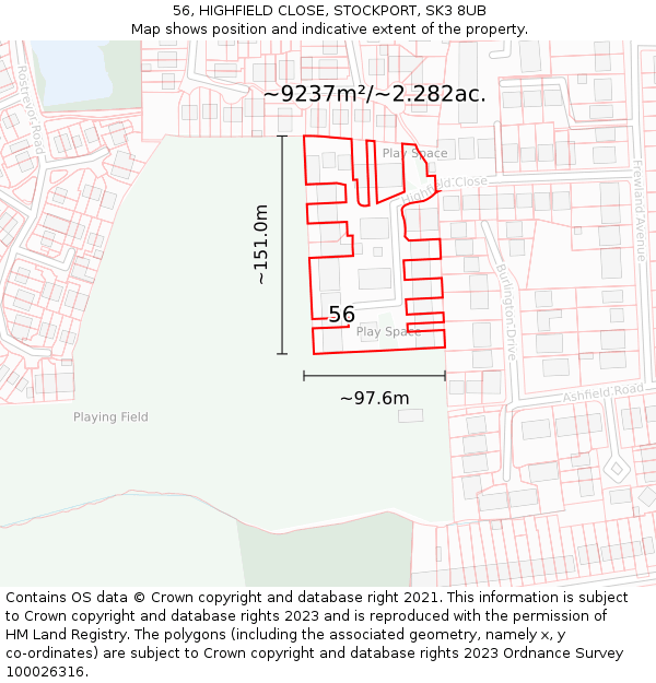 56, HIGHFIELD CLOSE, STOCKPORT, SK3 8UB: Plot and title map