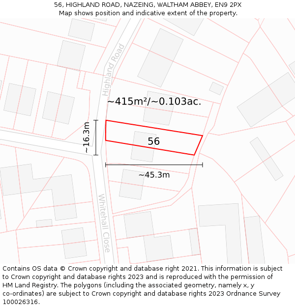 56, HIGHLAND ROAD, NAZEING, WALTHAM ABBEY, EN9 2PX: Plot and title map