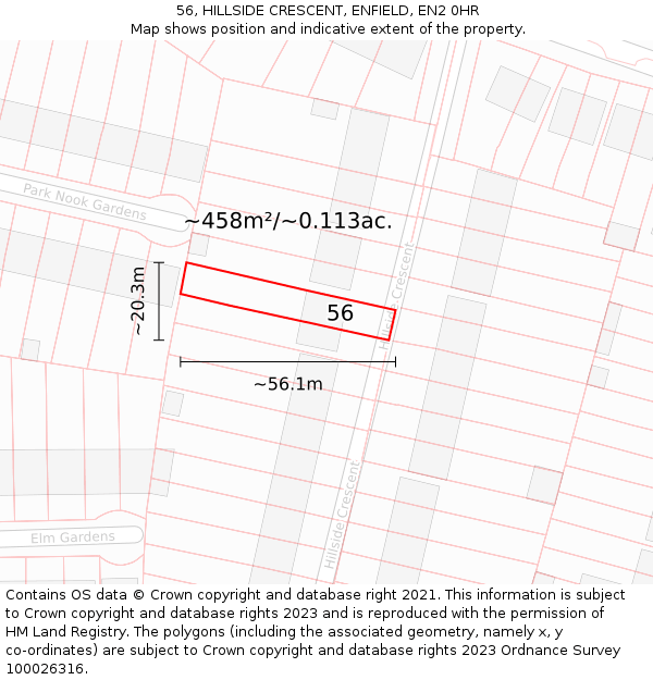 56, HILLSIDE CRESCENT, ENFIELD, EN2 0HR: Plot and title map