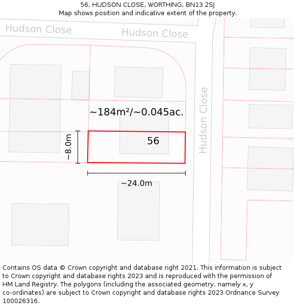 56, HUDSON CLOSE, WORTHING, BN13 2SJ: Plot and title map