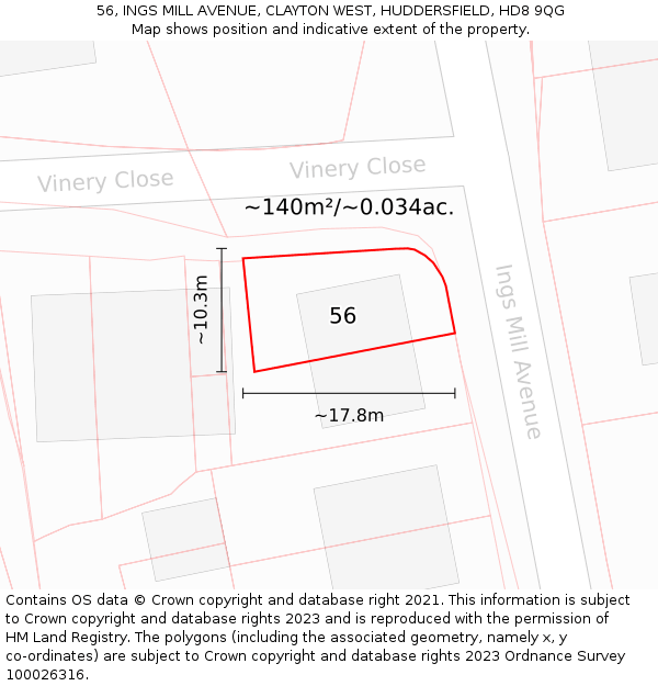 56, INGS MILL AVENUE, CLAYTON WEST, HUDDERSFIELD, HD8 9QG: Plot and title map