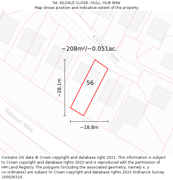 56, KILDALE CLOSE, HULL, HU8 9NW: Plot and title map