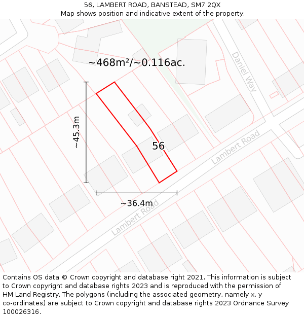 56, LAMBERT ROAD, BANSTEAD, SM7 2QX: Plot and title map