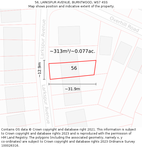 56, LARKSPUR AVENUE, BURNTWOOD, WS7 4SS: Plot and title map