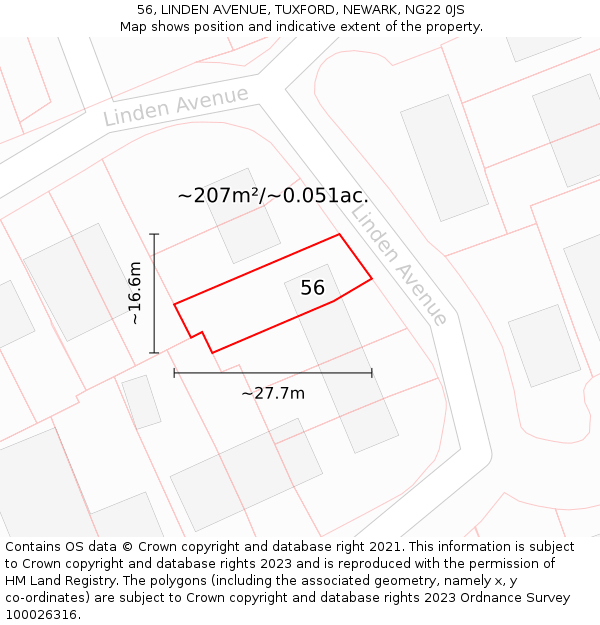 56, LINDEN AVENUE, TUXFORD, NEWARK, NG22 0JS: Plot and title map