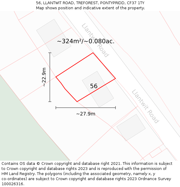 56, LLANTWIT ROAD, TREFOREST, PONTYPRIDD, CF37 1TY: Plot and title map