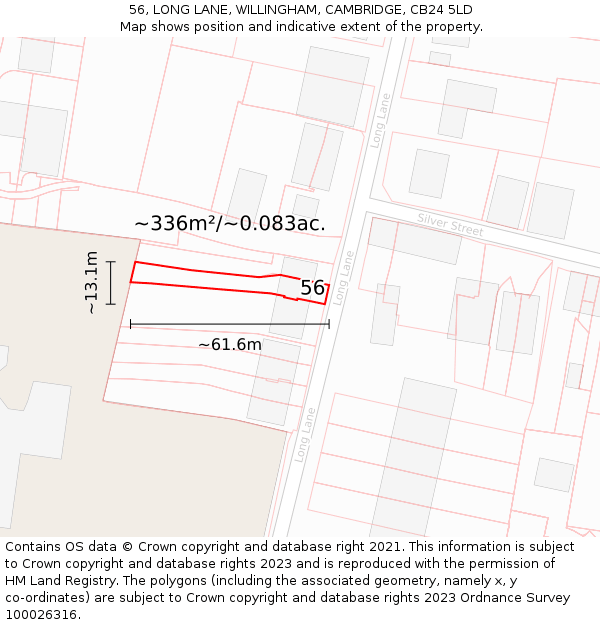 56, LONG LANE, WILLINGHAM, CAMBRIDGE, CB24 5LD: Plot and title map