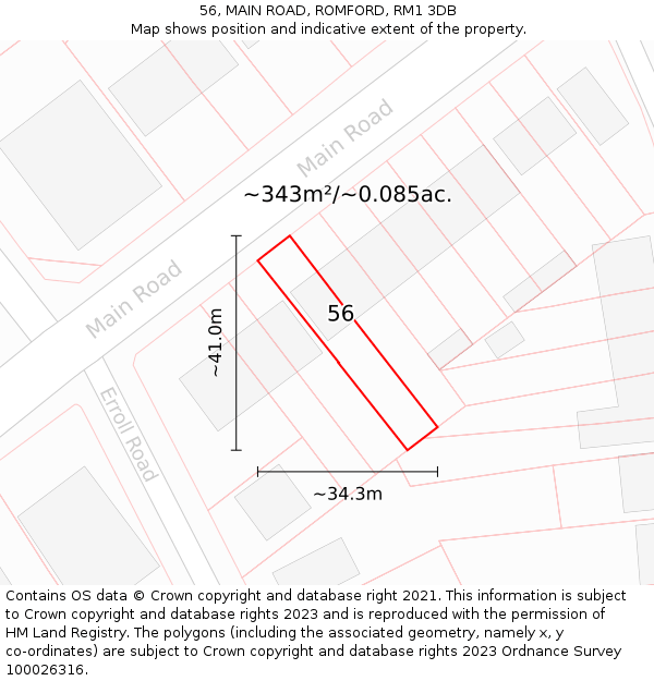 56, MAIN ROAD, ROMFORD, RM1 3DB: Plot and title map