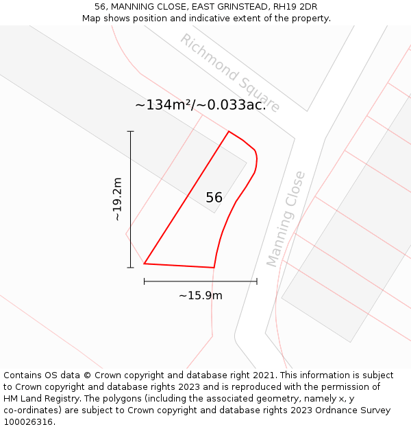 56, MANNING CLOSE, EAST GRINSTEAD, RH19 2DR: Plot and title map
