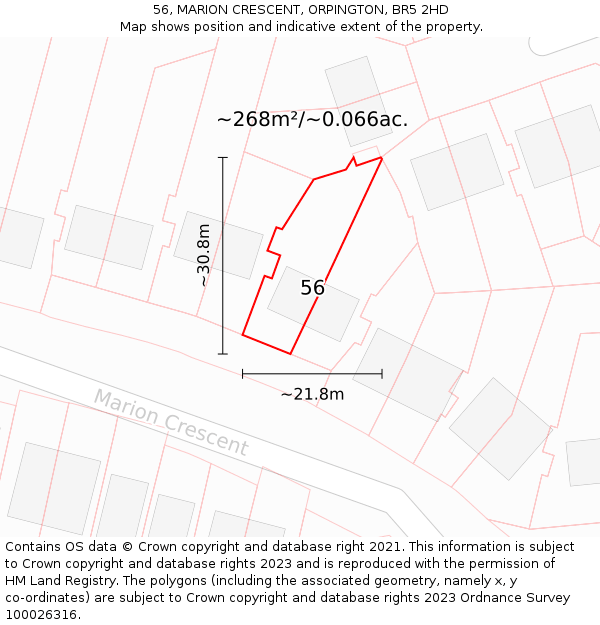 56, MARION CRESCENT, ORPINGTON, BR5 2HD: Plot and title map